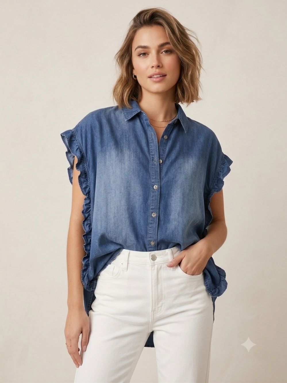 BeachLunchLounge Chambray Blue Ruffle-Sleeve Button Front Bouse Coastal Top SZ M